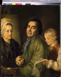 アーティスト アレクセイ P.アントロポフ (1716-1795) と息子の肖像 (アーティスト アレクセイ P. アントロポフと息子の肖像)。 Petro Semyonovich Drozhdin (1745-1805) の絵画、キャンバスに油彩