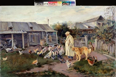 朝の挨拶 - 農家を囲む農場の動物 - Alexei Stepanovich Stepanov (1858-1923) 作、キャンバスに油彩、1890 年後半、ロシア美術