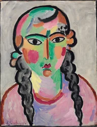 La fille pale aux tresses grises - The Pale Girl with Grey Pigtails, Alexej von Jawlensky (Javlensky) (1864-1941)作。紙に油彩、1916年頃。寸法：63,5x49,5 cm。個人蔵