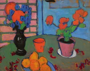 花とオレンジの静物画