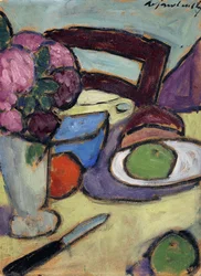 椅子と花束のある静物。椅子と花の通りのある静物、1906