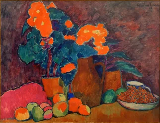 花と果実と瓶のある静物画
