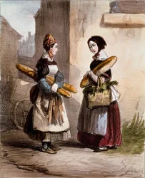 Small metiers: パン屋さん。若い歩くパン商人。アルフレッド・アンドレ・ジェニオール（1813-1861）のプリント、「パリの女たち」1841-1842年より パリ、カルナヴァレ美術館蔵