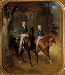 パリ伯爵ルイ・フィリップ・アルベール・ドルレアン（1834-1894）とシャルトル公爵ロベール・ドルレアン（1840-1910）のクラレモン公園での騎馬像 アルフレッド・ドリュー（1810-1860）の絵画 1849年 日没。1,07x0,87 m