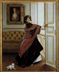 小犬を連れた婦人」 アルフレッド・スティーブンス（1823-1906）の絵画 1859年。キャンバスに油彩。寸法：61,6x48,9cm。個人蔵