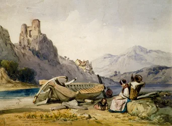 「湖岸の人物とボート、背景にある家と廃墟の城」、c1830s