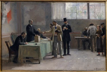 普遍的な参政権。アルフレッド・ブラムトット（1852-1894）によるスケッチ 1889年の投票所