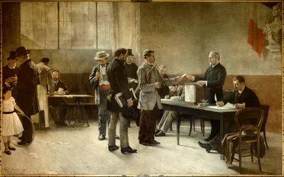 普通選挙。1891年の投票所。アルフレッド・ブラントー（1852-1894）の絵画、1891年、レ・リラ、市庁舎