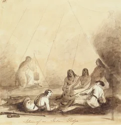 インディアンロッジのインテリア、1837年頃（鉛筆、ペン、インク、ウォッシュオンペーパー）