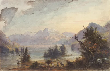 湖のシーン、ロッキー山脈、1837年頃（紙に水彩）