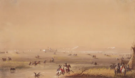 ララミー砦の近くのシーン、1837年頃（紙に鉛筆、水彩、ガッシュ）