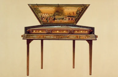 「Musical Instruments」（色付きのリソ）からの18世紀の塗装済みサウンドボックス内の槌で打たれたダルシマー