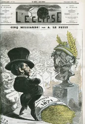 50億！？ナポレオン3世（1808-1873）の胸像とプロイセンへの50億円の融資を前にしたウジェーヌ・ルーエ（1814-1884）。アルフレッド・ル・プティの「日食」7月9日号の表紙