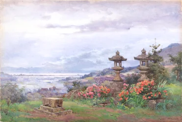 天念寺から見た琵琶湖の夕日（水彩画）