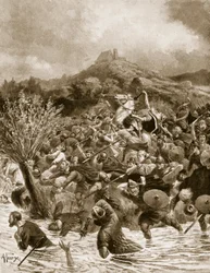 ペンダ王がウィンウェドフィールドで殺害、655、「ハッチンソンのイギリス国民の物語」、1920年頃のイラスト