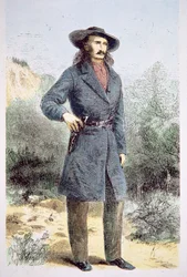 1867年2月の「ハーパース」誌に掲載された「ワイルド・ビル」ヒコック（1837-76）の最初の写真（カラーリトグラフ）。