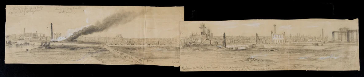 1871年のシカゴの火の間に東に見えるエリーストリートブリッジから北部地区（紙に鉛筆とチョーク）