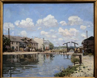 1872年のパリのサン・マルタン運河 閘門の眺め。アルフレッド・シスレー（1839-1899）による絵画 1872年 薄暗い。0.38 x 0.46 m パリ、オルセー美術館 - 1872年のサン・マルタン運河の眺め。水門の眺め。アルフレッド・シスレー(1839-1899)による絵画 1872年 日 0.38 x 0.46 m