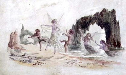 海辺の妖精とファウヌス（水彩画）
