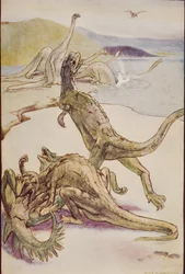 デイノテリアを示す中生代のシーン、1920年に出版されたH.G.ウェルズ著「歴史の概要」第1巻のイラスト（カラーリソ）