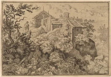 岩の上の 3 つのコテージ、おそらく c. 16451656。
