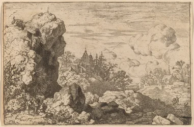 高い岩のふもとにいる 3 人の旅行者、おそらく c. 16451656。