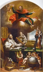 アロンソ アントニオ ビジャモール (1661-1729) 作、聖パウロが聖アルバート大王とアクィナスの聖トマスに現れる。 サラマンカのサンエステバン修道院。