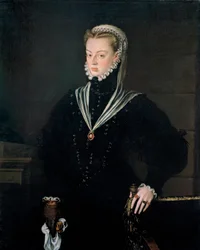 オーストリア大公ジョアンナの肖像 (1535-1573)、ポルトガル王女 - アロンソ・サンチェス・コエロ (1531-1588) 作、キャンバスに油彩、1557年頃 (116x93.5 cm) - オーストリア大公ジョアンナの肖像 (1535-1573) ）、ポルトガルの王女、油彩