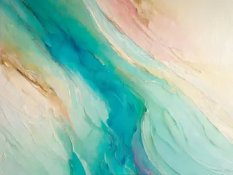 流れるようなティールゴールドの抽象画