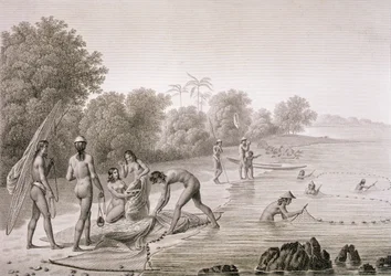 マリアナ諸島の先住民が使う伝統的な漁法。ルイ・クロード・ドゥ・フレシネ（1779-1842）の「Voyage Autour du Monde（1817-20）」から、ボビネが彫刻したもので、1822-24年に出版された（リトグラフ）。