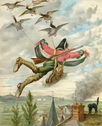 1886年頃に出版されたルドルフ・エーリッヒ・ラスプ（1736-94）の「ミュンヒハウゼン男爵の冒険」より、アヒルによって地上から持ち上げられる様子（カラーリトグラフ版