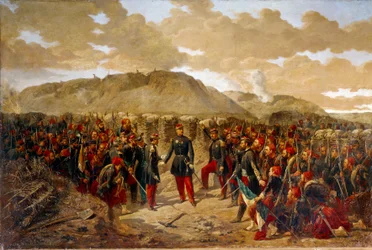 クリミア戦争（1853-1856）: マカホンとマラコフの第一ズアーブ兵、8/09/1855。マカホン将軍（1808-1898）は、マラコフ堡塁の占領前にコリノー大佐の第一ズアーブ兵へ最後の指示を与えた。アルフォンス・アイユによる絵画