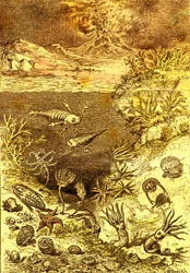 先史時代-シルル紀の終わり：自然創造と生物（J.レンガデ）A.デマールを描く。1885