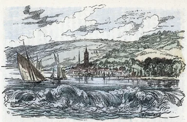 View of the mascaret of the Seine to Caudebec-en-Caux (Caudebec en Caux) in the Seine Maritime, Normandie (the Tidal bore of Seine river a Caudebec en Caux, Normandy) Engraving from “” La nature et l