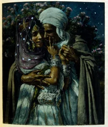 アラブの生活風景「蜃気楼」よりディネによるイラスト。1906.Mirages, Scenes De La Vie Arab』はエティエンヌ・ディネの挿絵、シルマン・ベン・イブラヒム・バマーの解説。ナスレディーヌ・ディネはアルフォンス＝エティエンヌ・ディネ（1861-1929）として生まれた。