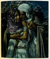 「Mirages」Scenes of Arab life の Dinet によるイラスト。 1906年。ミラージュ、シーン・デ・ラ・ヴィ・アラブは、エティエンヌ・ディネットによってイラストが描かれ、シルマン・ベン・イブラヒム・バーマーによる解説が付けられました。 Nasreddine Dinet は、Alphonse-Étienne Dinet として生まれました。 (1861-1929) はフランスの東洋人でした
