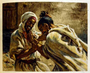 「Mirages」Scenes of Arab life の Dinet によるイラスト。 1906年。ミラージュ、シーン・デ・ラ・ヴィ・アラブは、エティエンヌ・ディネットによってイラストが描かれ、シルマン・ベン・イブラヒム・バーマーによる解説が付けられました。 Nasreddine Dinet は、Alphonse-Étienne Dinet として生まれました。 (1861-1929) はフランスの東洋人でした