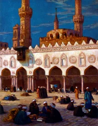 Ilustração retratando estudiosos e estudantes que estudam na Universidade Al Azhar. Por Nasreddine Dinet (Alphonse-Étienne Dinet). 1861 1929