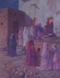 ムールドの前夜に村のモスクを去るイスラム教徒、1918年にパリで出版された預言者ムハンマドの生涯の歴史のイラスト