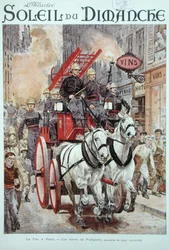 1899年12月3日発行の「Le Soleil du Dimanche」の表紙に掲載されたパリの火災警報に対応する消防士（カラーリトグラフ版）