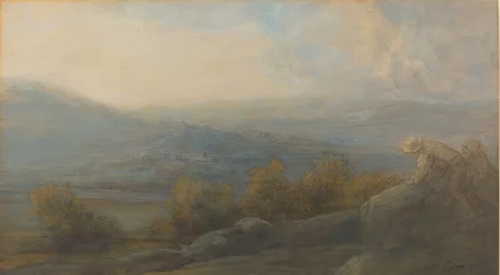 右側に 2 人の人物がいる山の風景、1905 年。