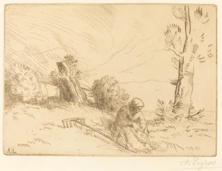 生け垣に座る農民の女性