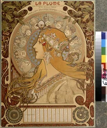 サロン・デ・サンが発行する月刊誌「ラ・プルーム」のイラスト入りカレンダー。 芸術と文学の図書館。 アルフォンス マリア ミュシャ (アルフォンス マリー ミュシャ) のアートワーク
