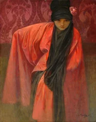 赤い服の少女 ミュシャ、アルフォンス・マリー（1860-1939）、1914年頃 - キャンバスにテンペラ、60,5x47 - 個人蔵