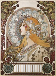 ムシャ、アルフォンス・マリア（1860-1939）。ゾディアック1896.(67 x 48 cm)。雑誌 "La Plume"（羽）の広告ポスターとカレンダー。モダニズム。リトグラフィー