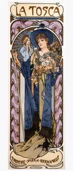 アルフォンス・ミュシャ（1860-1939）による、女優サラ・ベルナール演じるヴィクトリアン・サルドゥ（1831-1908）作『トスカ』のポスター。