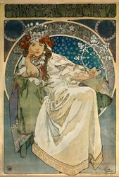 アルフォンス・ミュシャ（1860-1939）による、オスカー・ネドバル（1874-1930）作のバレエ「ヒャクシン姫」をプラハ国立劇場で上演するためのポスターで、女優のアンドゥラ・セドラコヴァが描かれています。