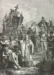 804年、シャルルマーニュがサクソン人にキリスト教の洗礼を施す（版画）