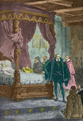 1560年、フランソワ2世の死の床を前にしたガスパール・ド・コリニー（エングレーヴィング）