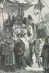 1187年、エルサレムを去るキリスト教徒を見送るサラディン（版画）